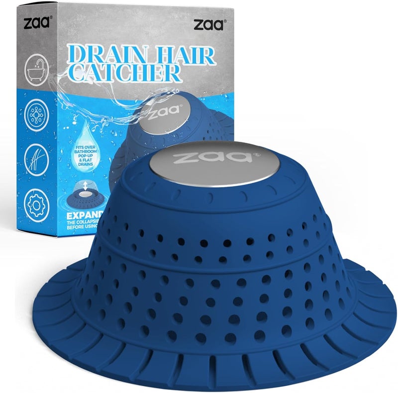 zaa Bathtub Drain Hair Catcher, Silicone Collapsible 1 Pack Drain Protector for Pop-Up and Regular Drains of Shower, Bathtub, Tub, Bathroom, Sink, Dark-Blue - Image 1